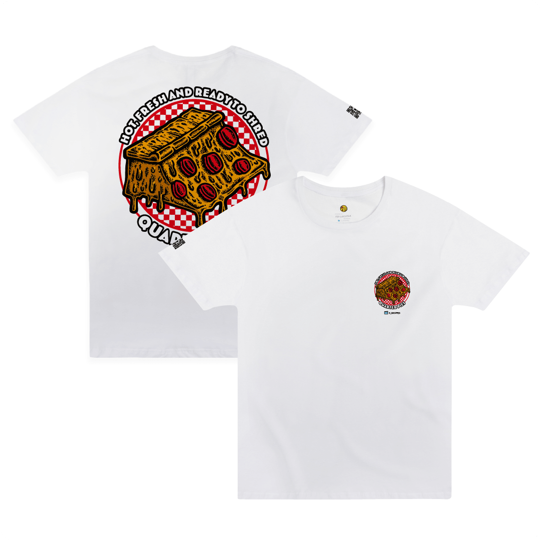Front and back view of a white unisex tee shirt with a colorful illustrated pizza slice graphic and the text “Hot, Fresh and Ready to Shred – Quarter Pies” on a white background. 