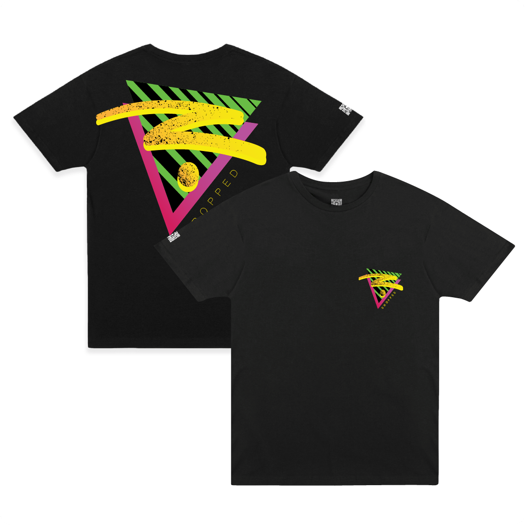 Front and rear view of a black t-shirt with a large 90s inspired geometric colorful logo on a white background