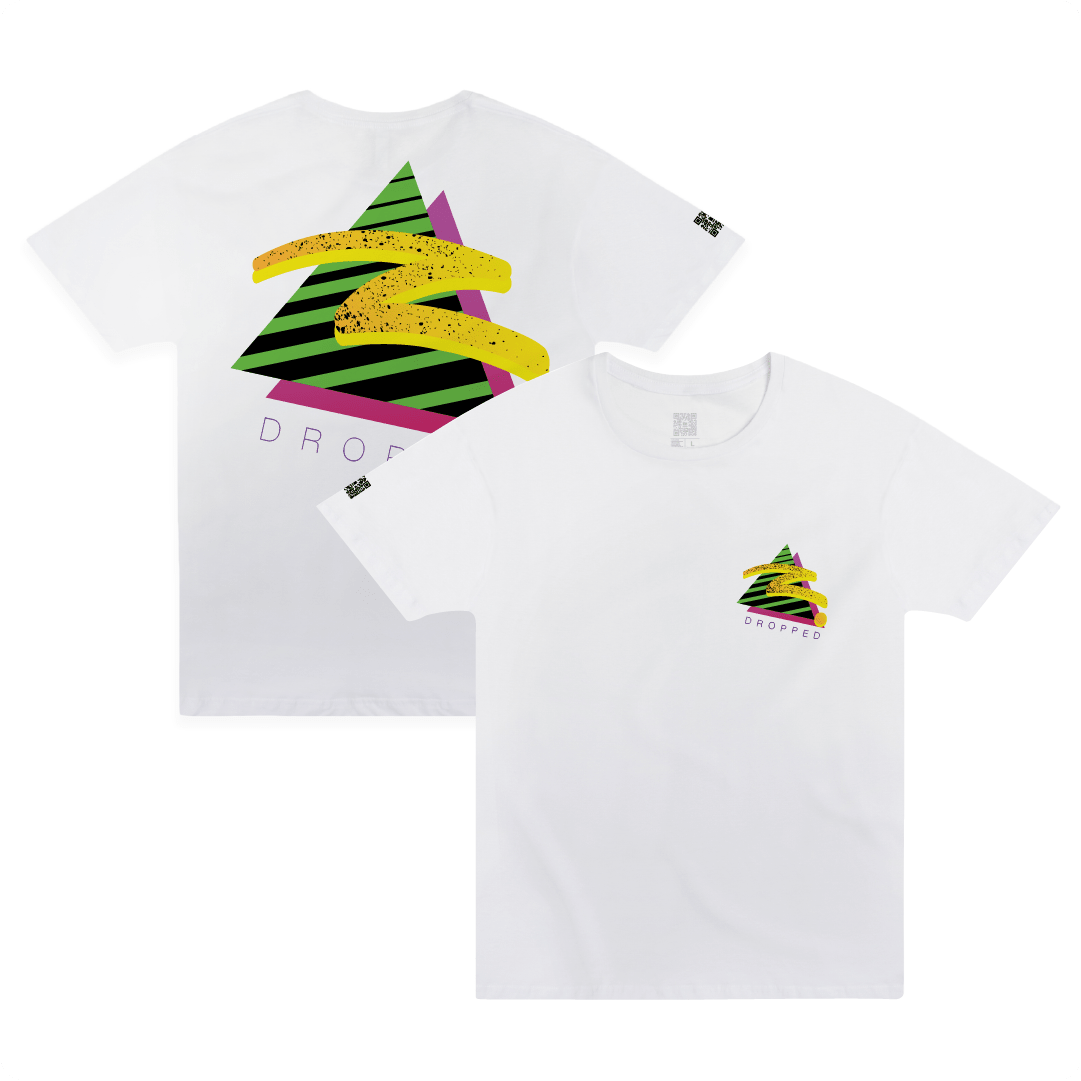 Front and rear view of a white t-shirt with a large 90s inspired geometric colorful logo on a white background