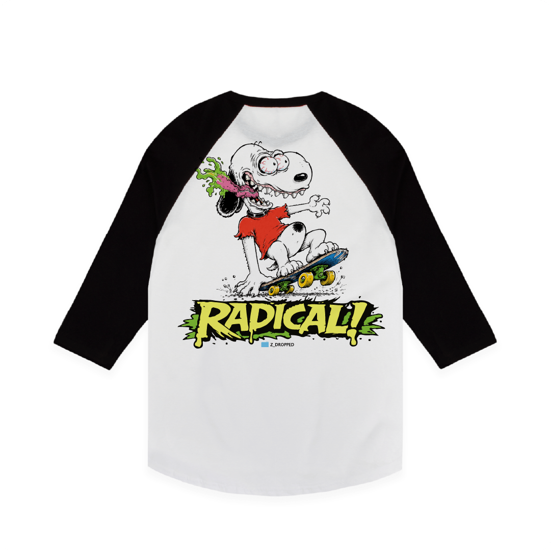 Rear view of a baseball shirt with black sleeves and a snoopy cartoon character riding a skateboard and 'RADICAL!' text on a white background