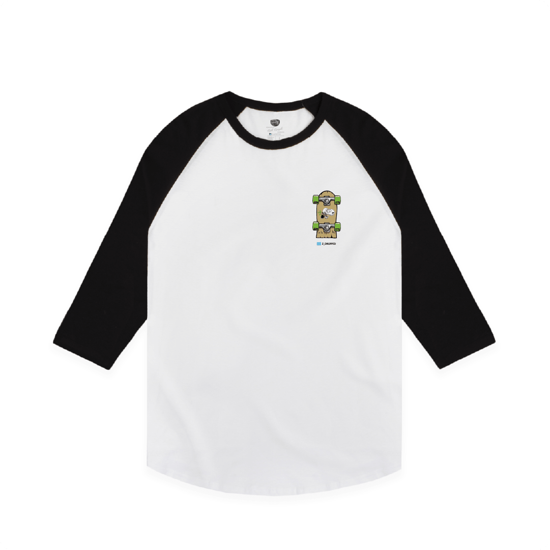 White baseball shirt with black sleeves featuring a skateboard graphic on the chest on a white background
