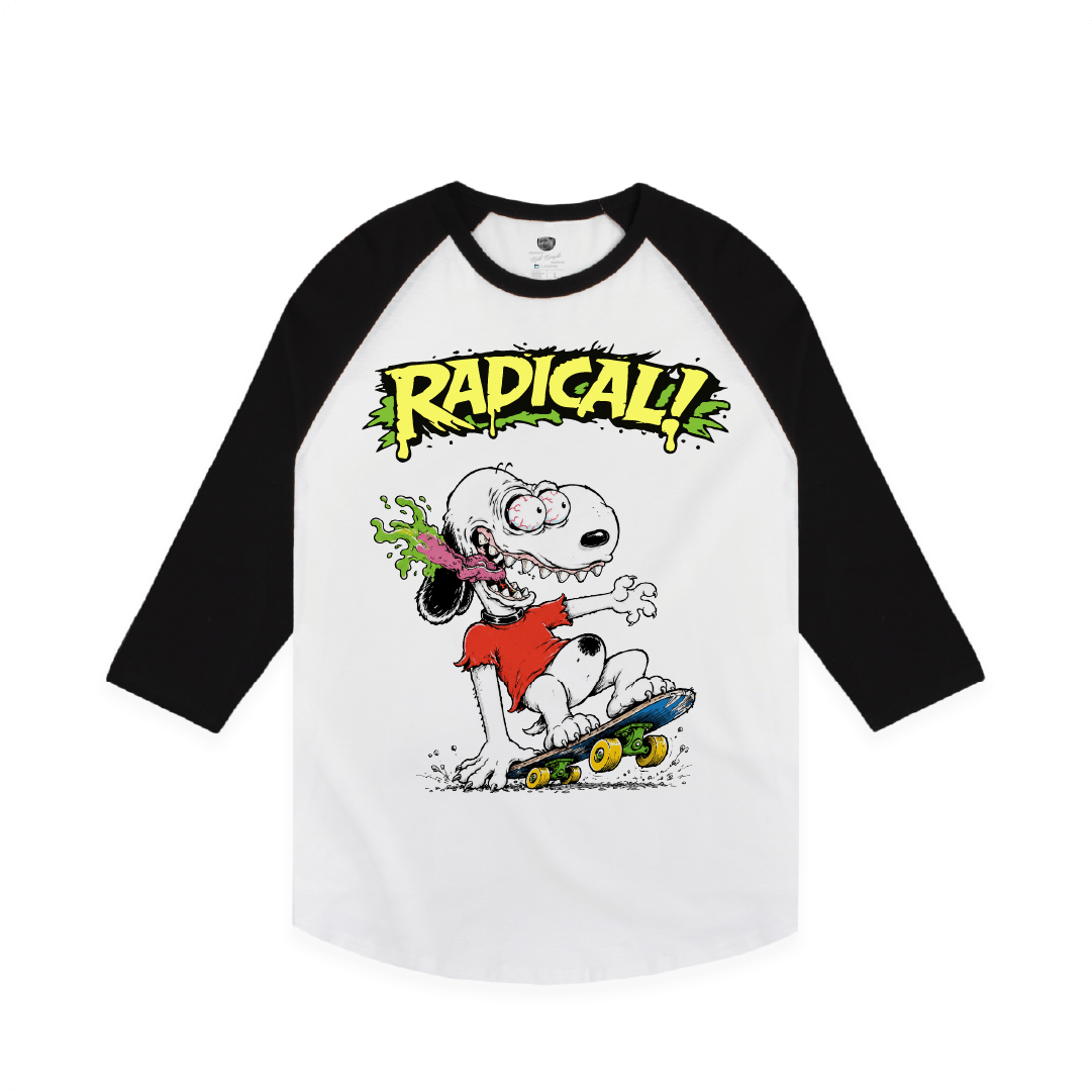 Baseball shirt with snoopy cartoon character riding a skateboard and 'RADICAL!' text on a white background