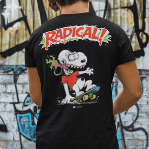 Rear view of a man wearing a black t-shirt with a screaming Snoopy Dog in an Ed Roth style in an urban setting.
