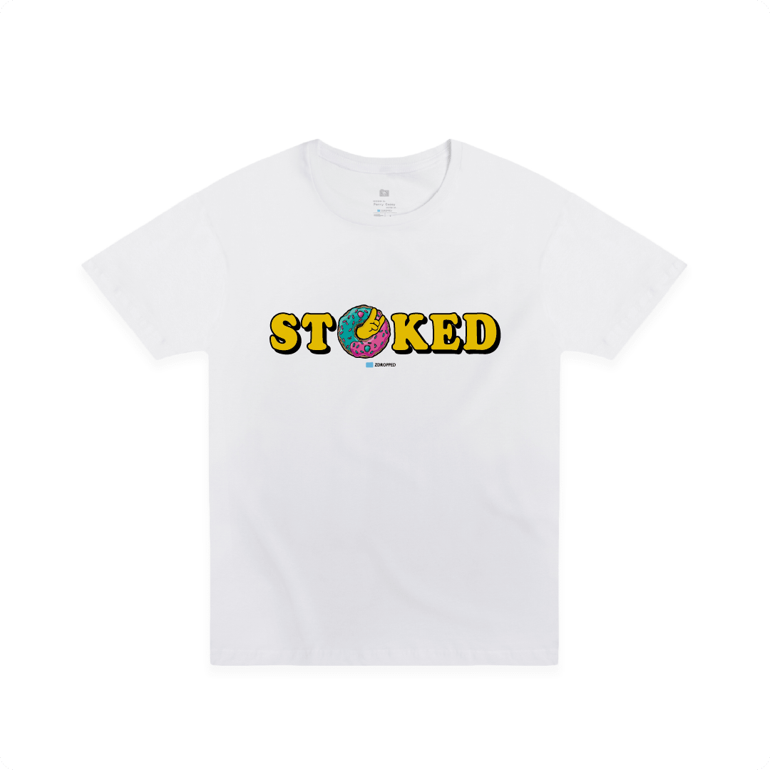 Front view of a white t-shirt with the word 'STOKED' in yellow with a colorful sprinkle donut. 