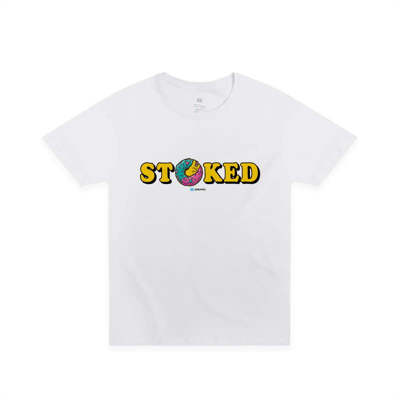 Front view of a white t-shirt with the word 'STOKED' in yellow with a colorful sprinkle donut. 