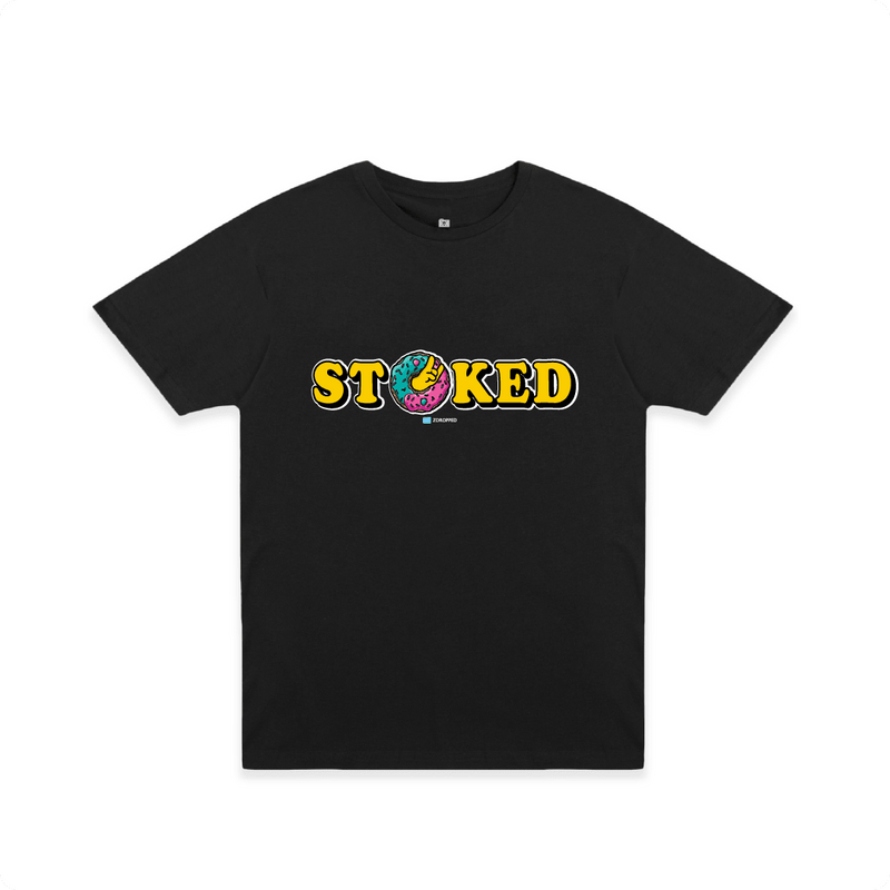 Front view of a black t-shirt with the word 'STOKED' in yellow with a colorful sprinkle donut. 