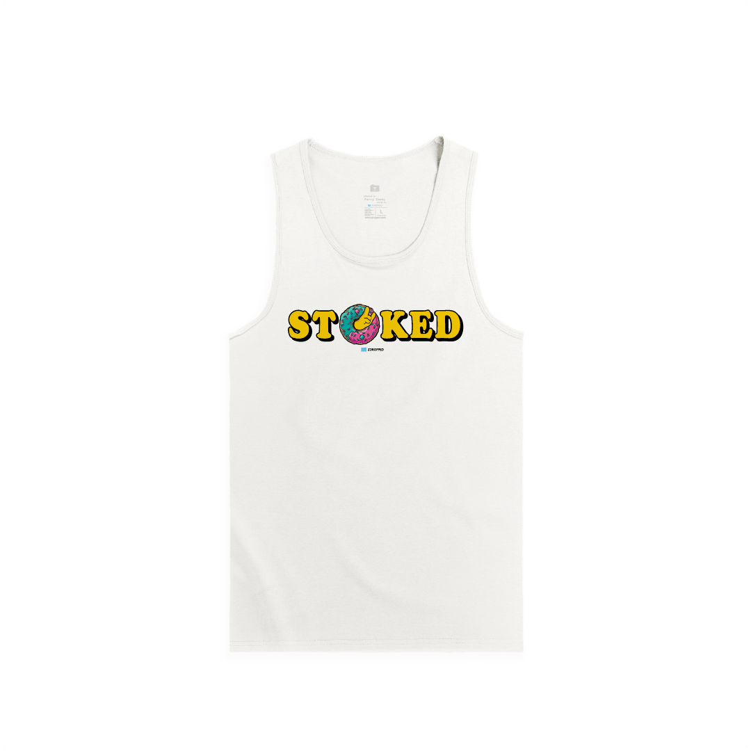 Front view of a white tank top with the words 'STOKED' in yellow featuring a colorful sprinkle donut in the middle chest. 