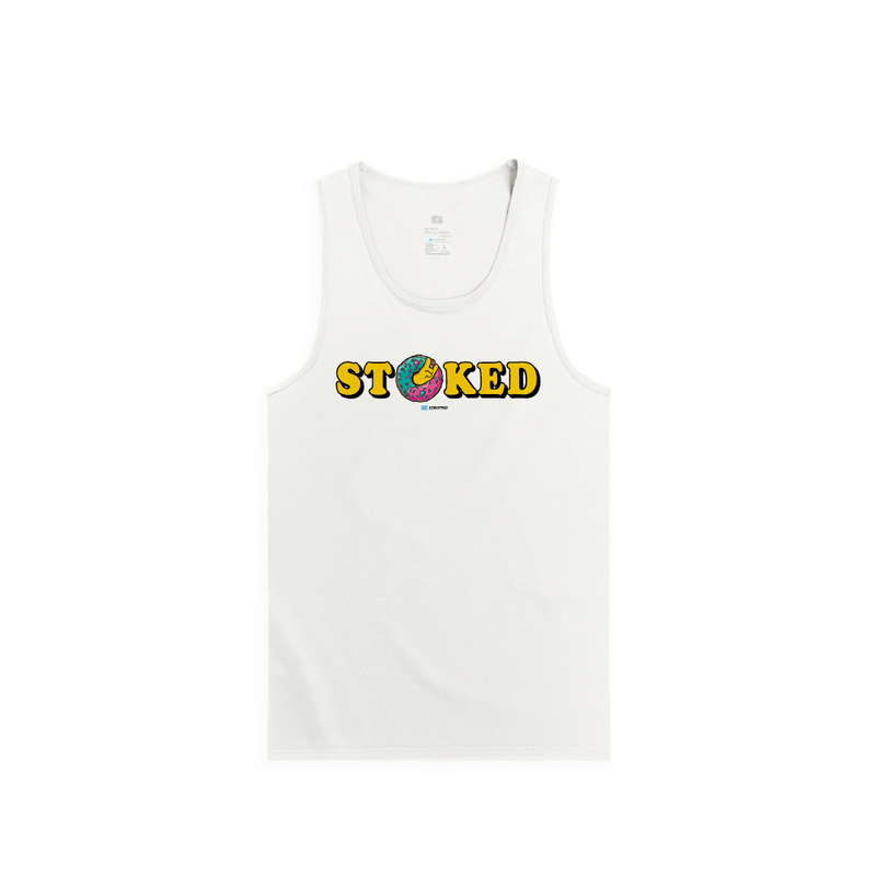Front view of a white tank top with the words 'STOKED' in yellow featuring a colorful sprinkle donut in the middle chest. 