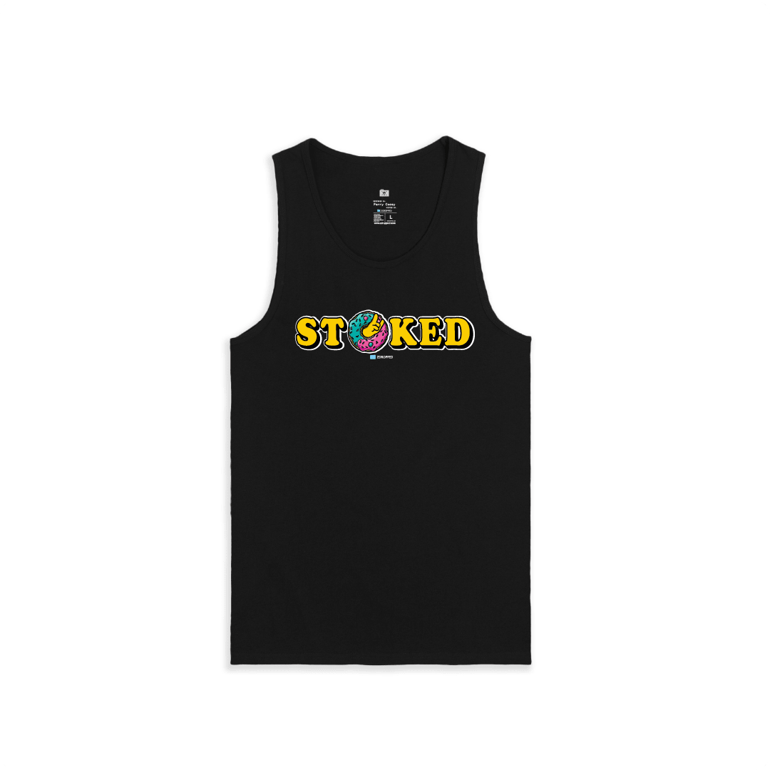 Front view of a black tank top with the words 'STOKED' in yellow featuring a colorful sprinkle donut in the middle chest. 