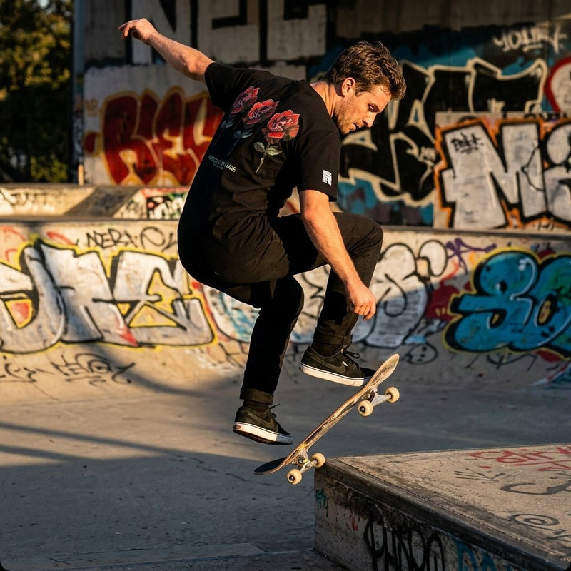 man doing a skate trick in a zdropped teach the livning black t-shirt at a skate park with graffiti