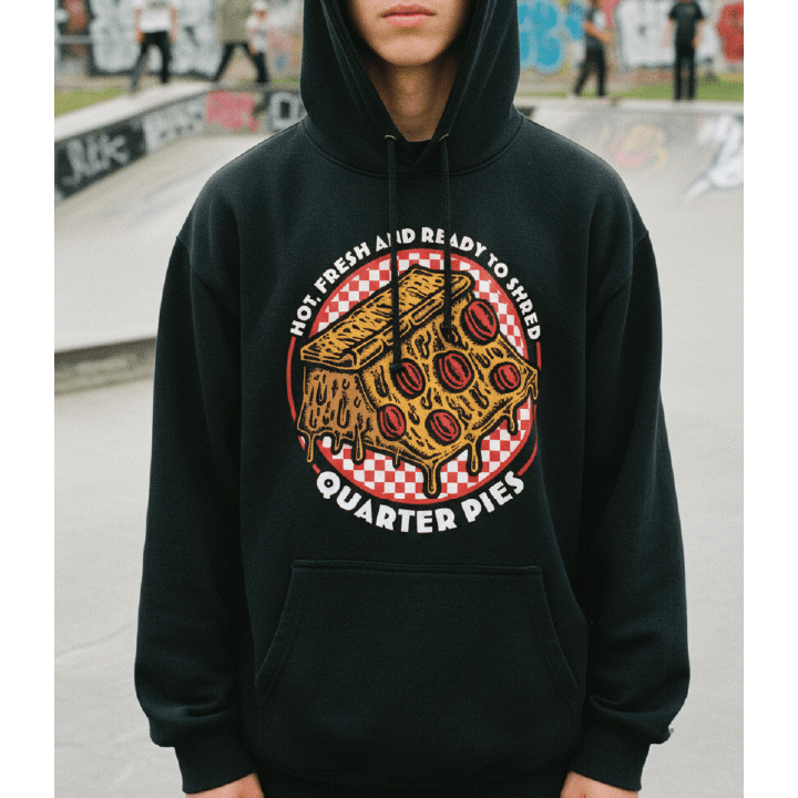 Person wearing a black hoodie with a pizza graphic and text at a skate park.