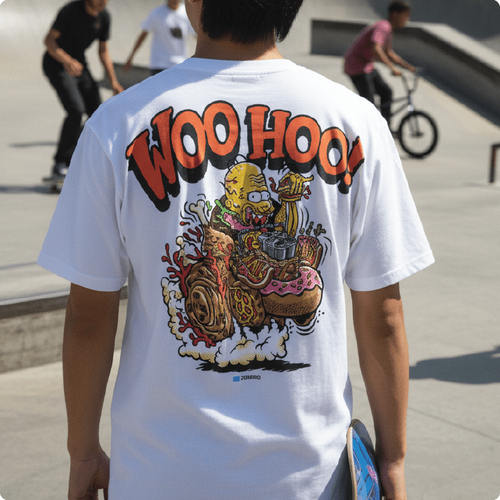 Rear view of a man holding a skateboard at a skatepark wearing a white woo hoo shirt.
