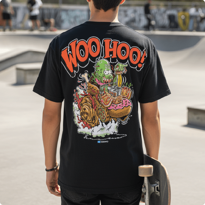 Rear view of a man holding a skateboard at a skatepark wearing a black woo hoo shirt.