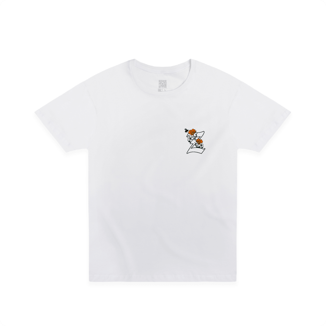Front view of a white t-shirt with California poppy and 'Z' design on the chest on a white background