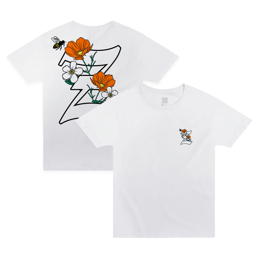 Front and back view of a white t-shirt with California poppy and 'Z' design on a white background