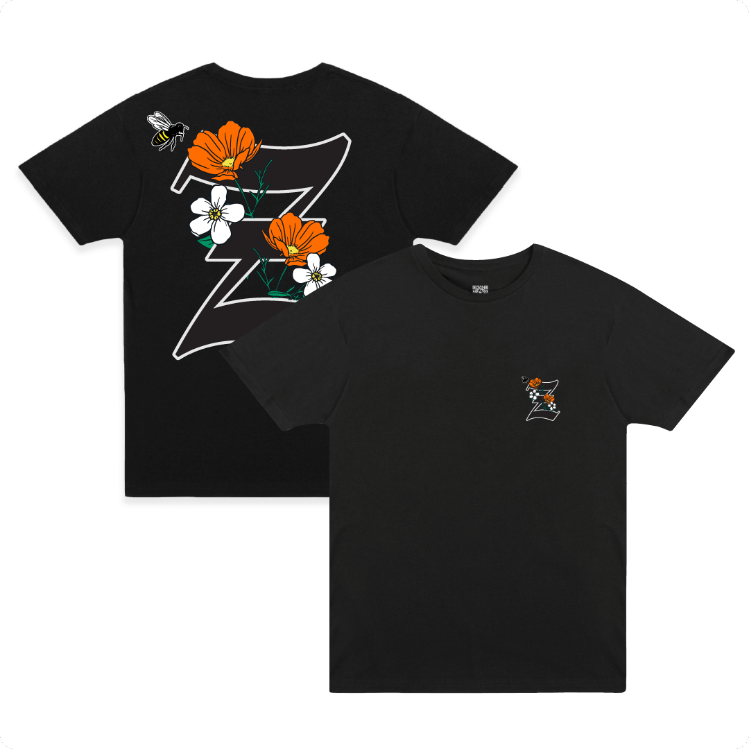Front and back view of a black t-shirt with California poppy and 'Z' design on a white background