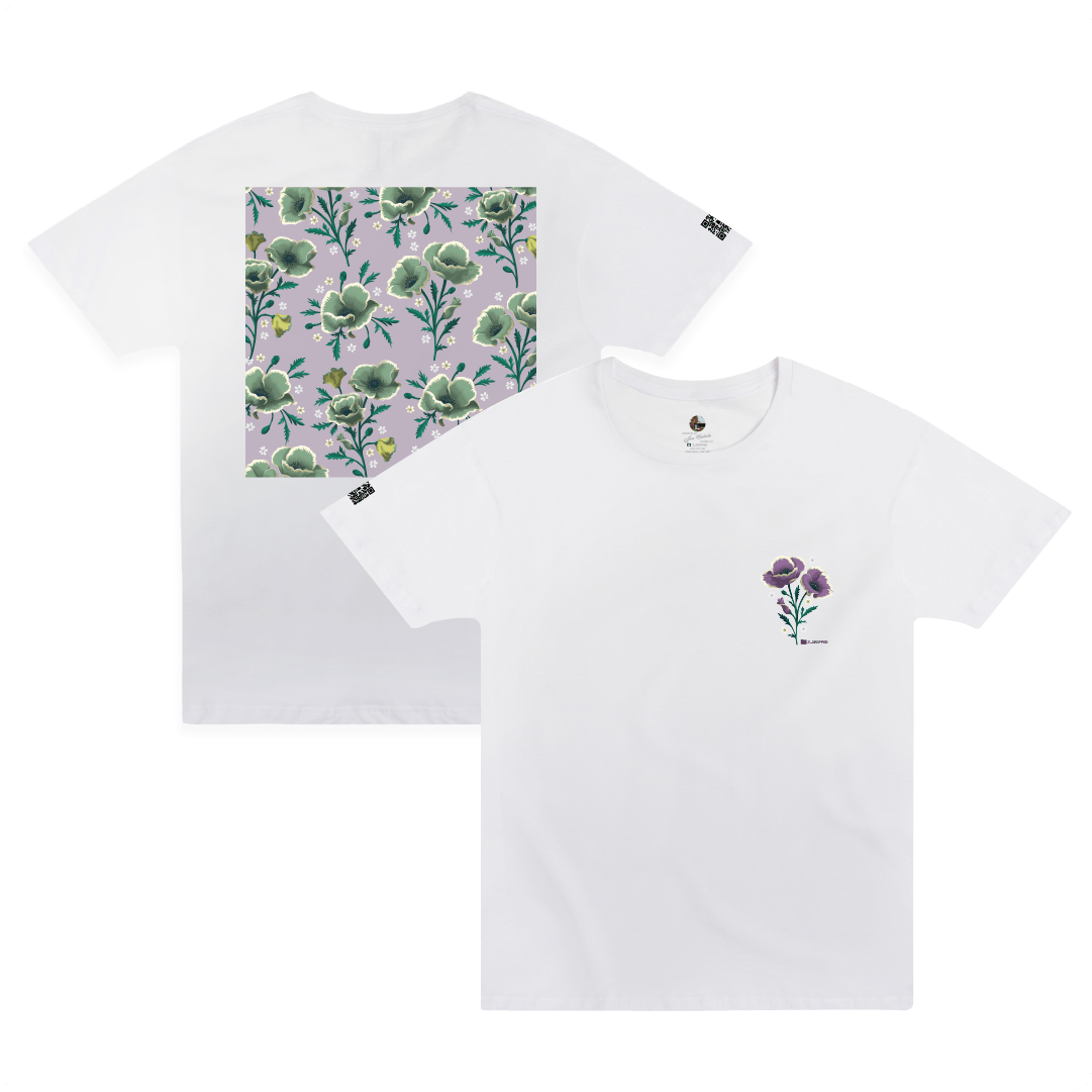 Front and rear view of a white shirt with a large lavender floral poppy repeat pattern and poppy flower on the chest.