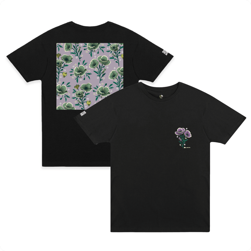 Front and rear view of a black shirt with a large lavender floral poppy repeat pattern and poppy flower on the chest.