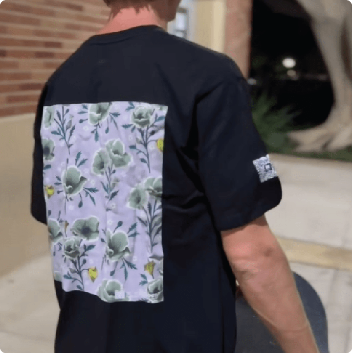 Back shot of Jeff Dechesare in a black Flor De Vida zdropped shirt with lavender poppy's.