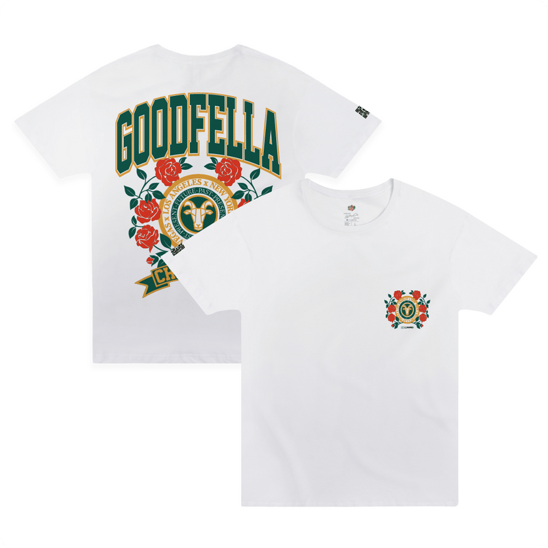 Front and Rear view of a unisex white short sleeved Goodfella shirt with a green and gold G.O.A.T. and roses.