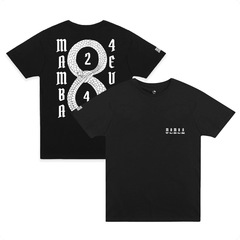 Front and rear view of a black unisex t-shirt with a white Mamba 8 and 24 graphic  in the middle of white text that reads "Mamba 4 Ever"
