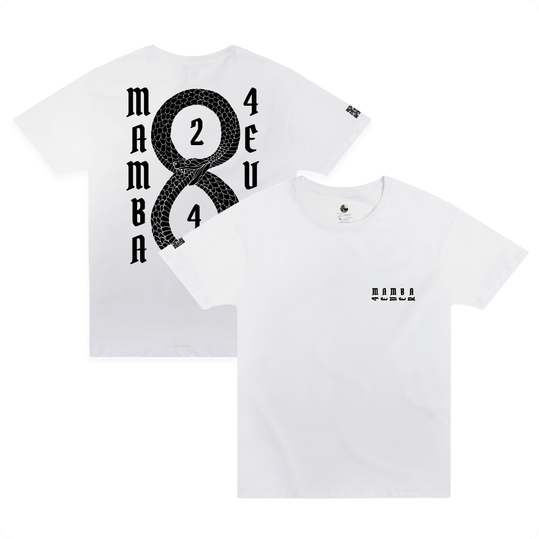 Front and rear view of a white unisex t-shirt with a white Mamba 8 and 24 graphic  in the middle of white text that reads "Mamba 4 Ever"