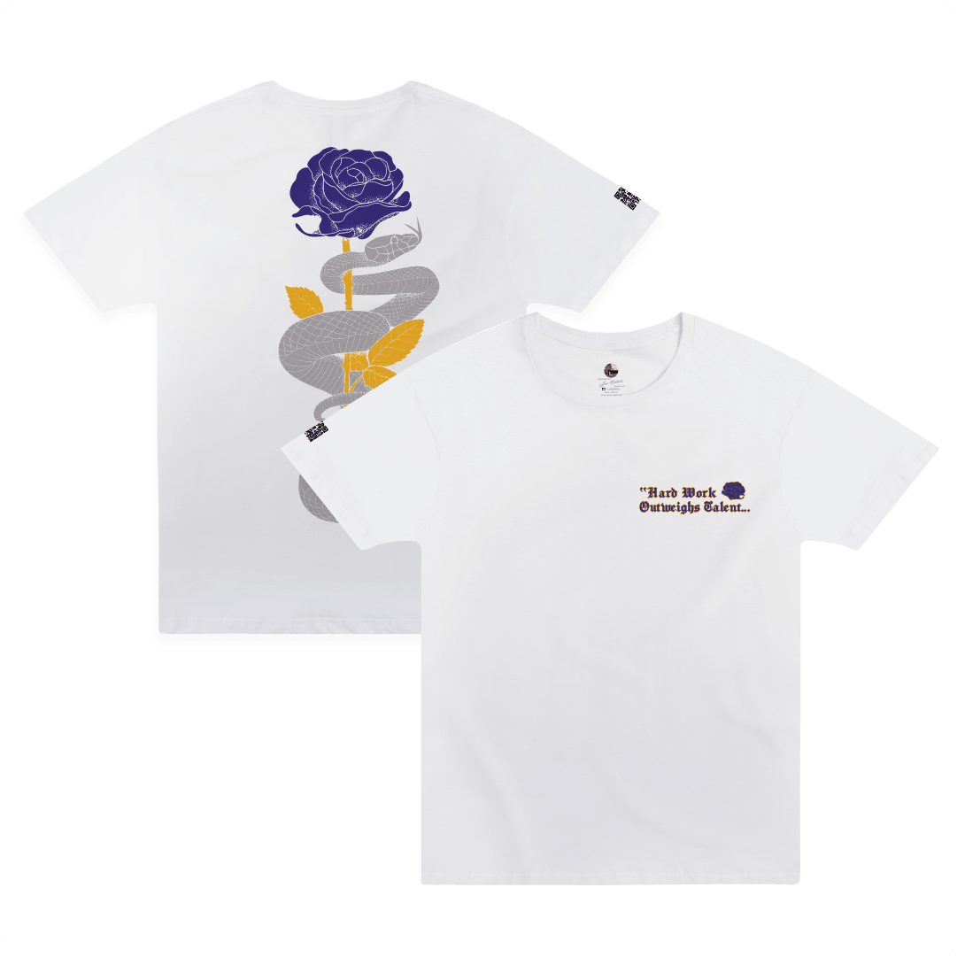Front and rear view of a white shirt with purple and gold mamba snake and rose graphic and 'hard work beats talent...every time' text on a white background.