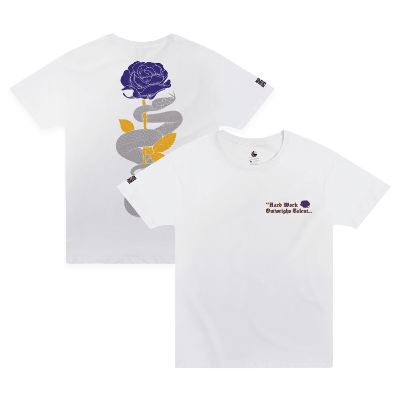 Front and rear view of a white shirt with purple and gold mamba snake and rose graphic and 'hard work beats talent...every time' text on a white background.
