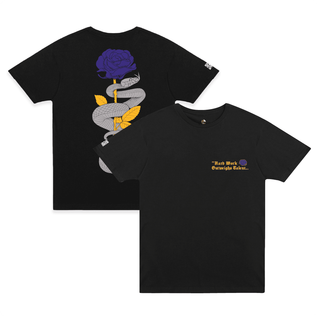 Front and rear view of a black tshirt with purple and gold mamba snake and rose graphic and 'hard work beats talent...every time' text on a white background.