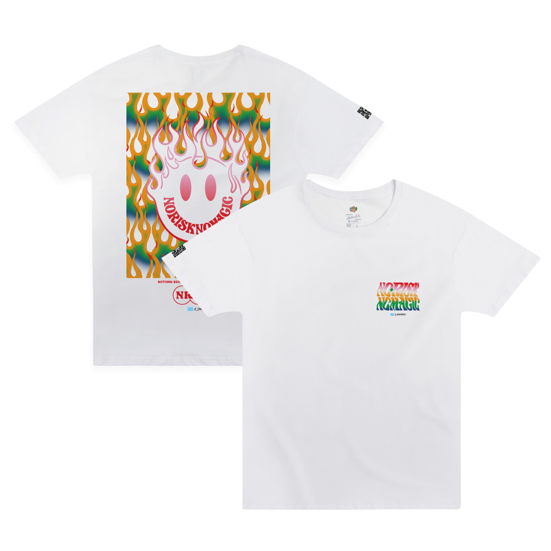 Front and rear view of a white t-shirt with colorful flame, smiley face , and 'no risk, no magic' text on a white background