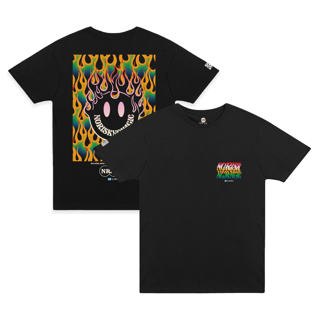 Front and rear view of a black t-shirt with colorful flame, smiley face , and 'no risk, no magic' text on a white background.