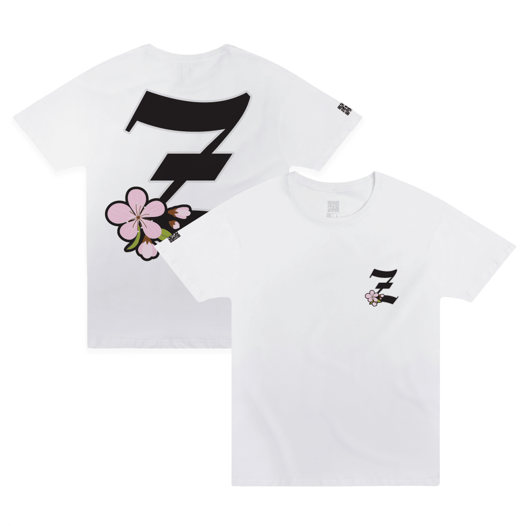 Front and rear view of a white unisex t-shirt with a large black 'Z' logo and pink cherry blossom flower on a white background.