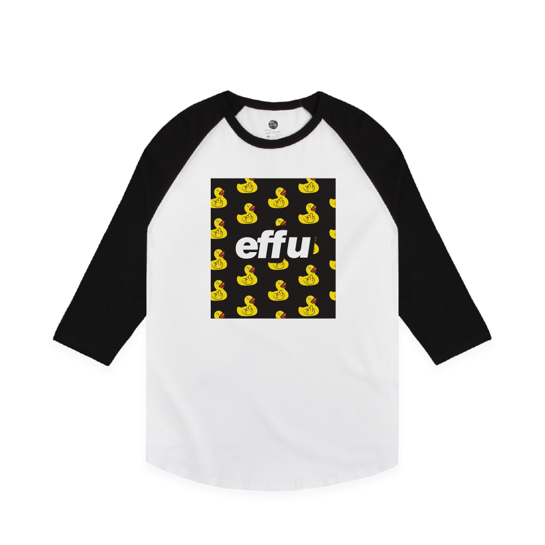Black and white baseball shirt with yellow rubber ducky pattern and 'effu' text on a white background