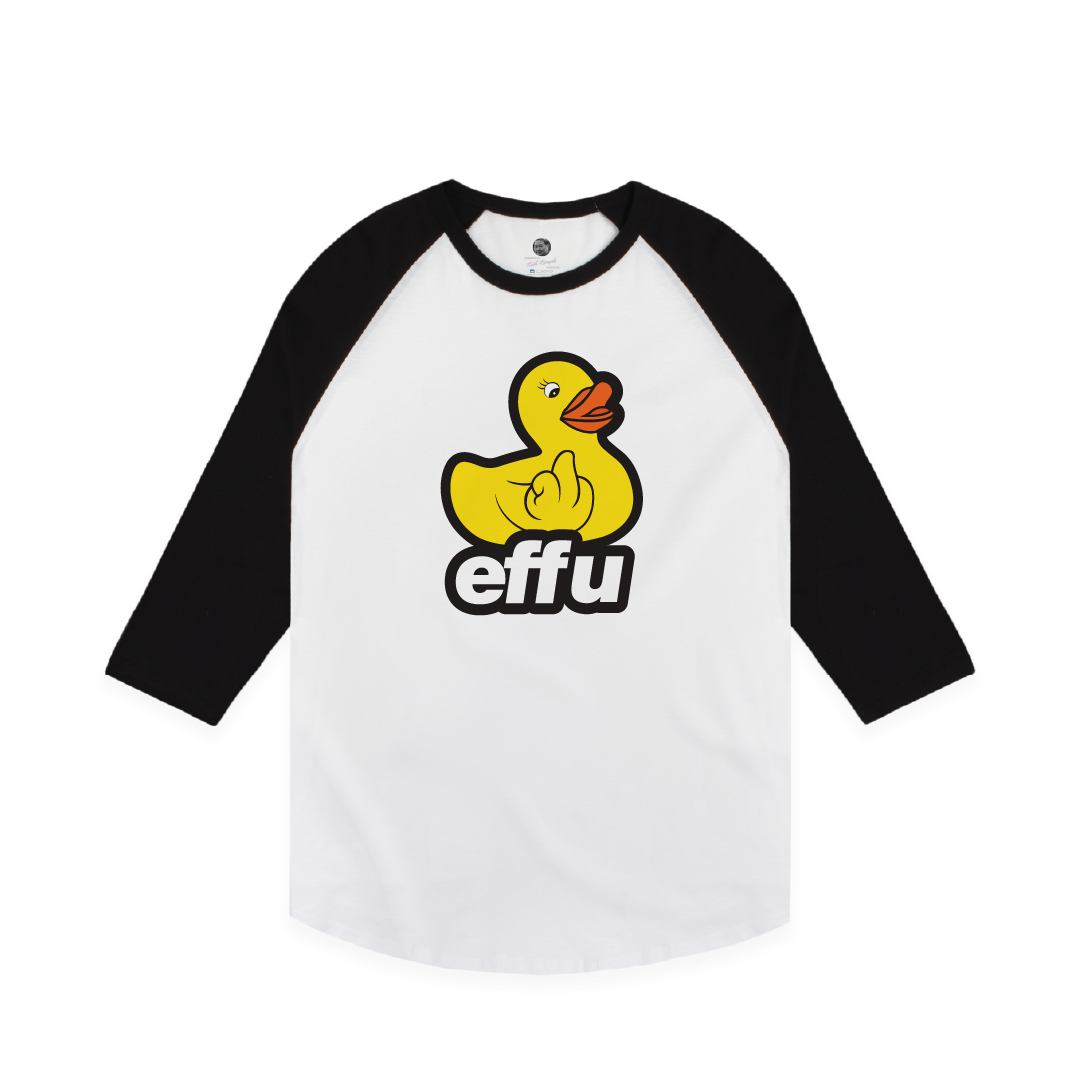 Black and white baseball shirt with a large yellow rubber duck and 'effu' text on a white background