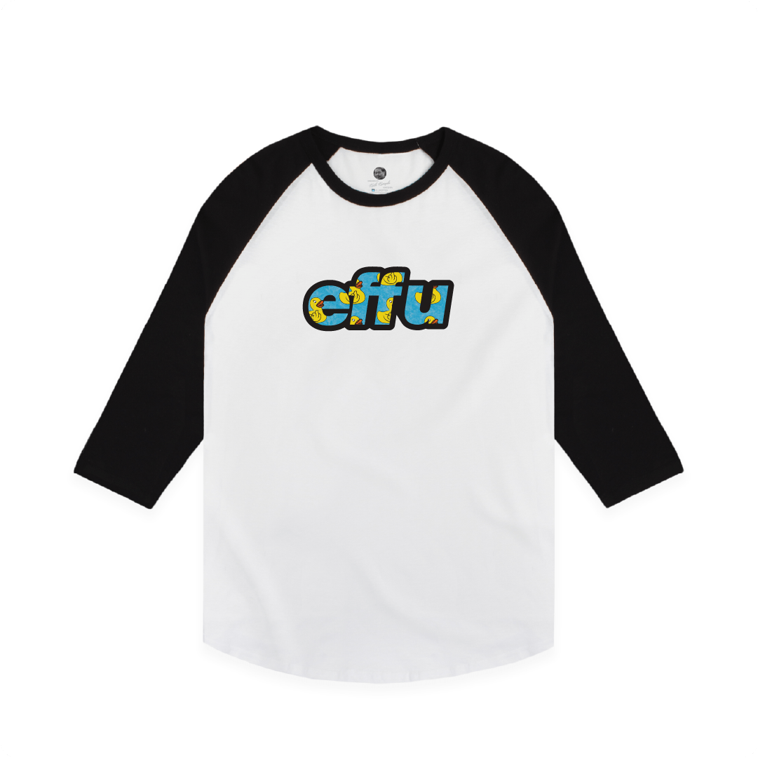 White baseball shirt with black sleeves featuring cyan effu ext on a white background