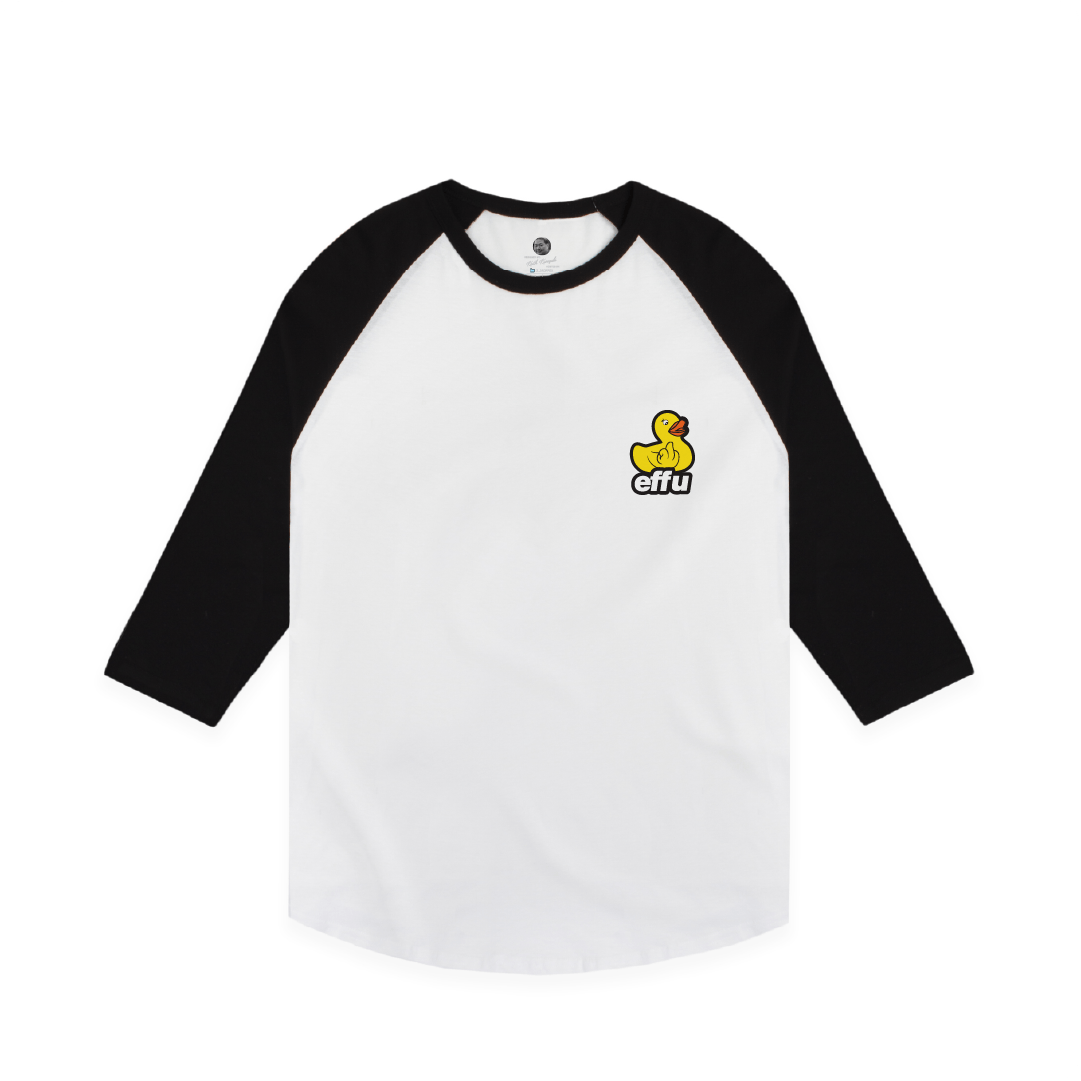 White baseball shirt with black sleeves featuring a small yellow rubber ducky logo and 'effu' text on a white background