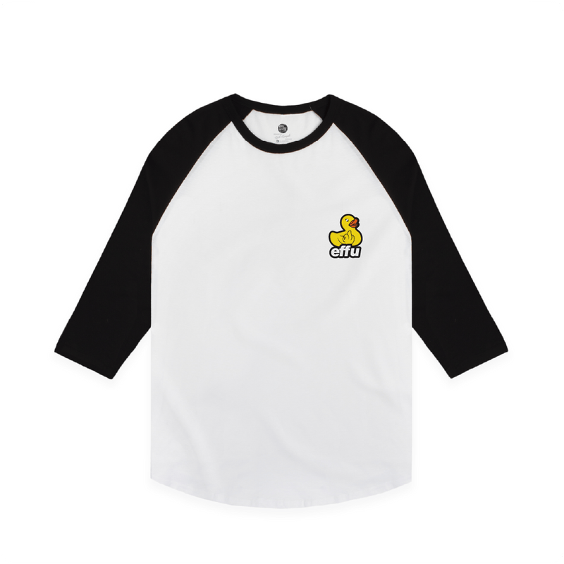 White baseball shirt with black sleeves featuring a small yellow rubber ducky logo and 'effu' text on a white background