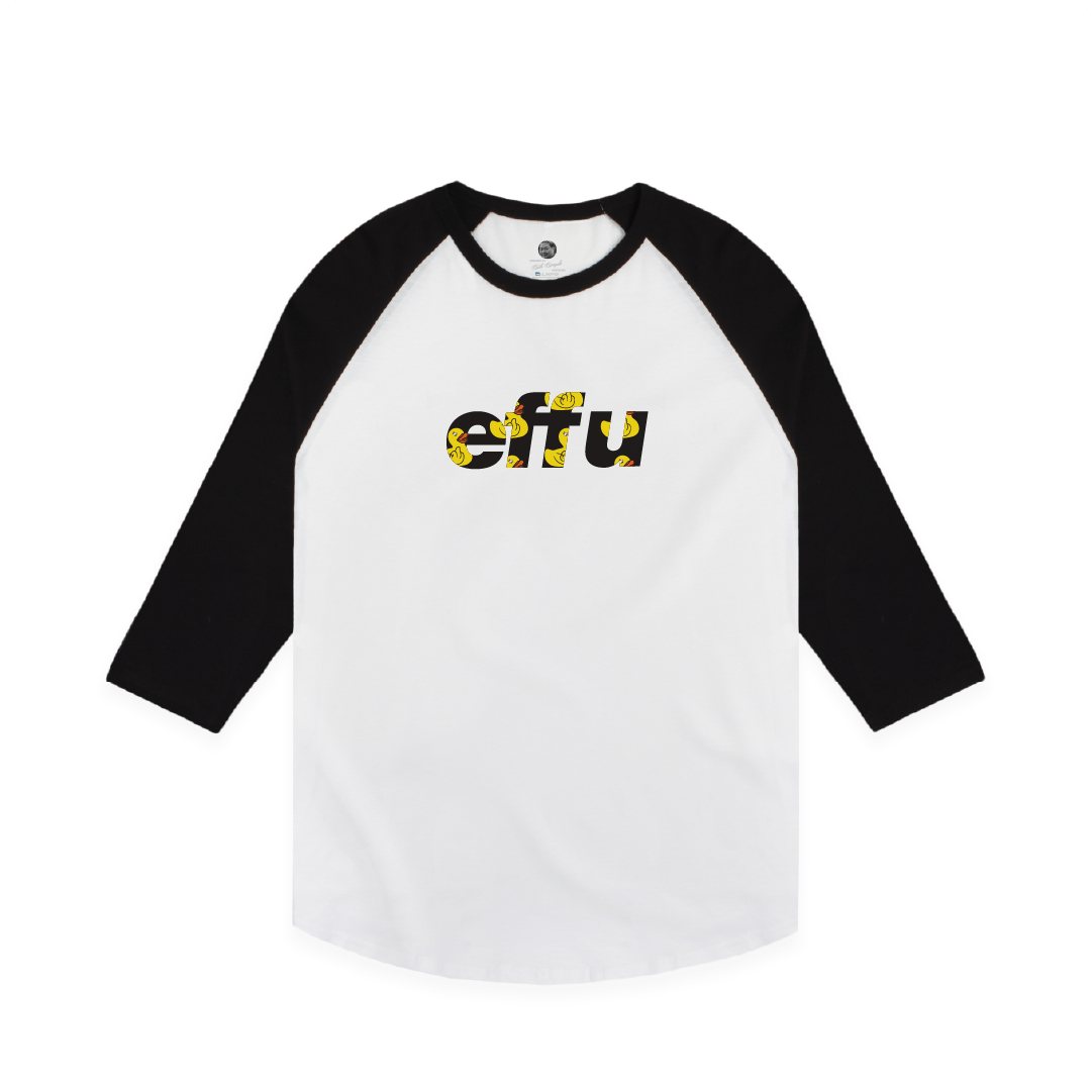 White baseball shirt with black sleeves featuring black 'effu' text in yellow and black on a white background.