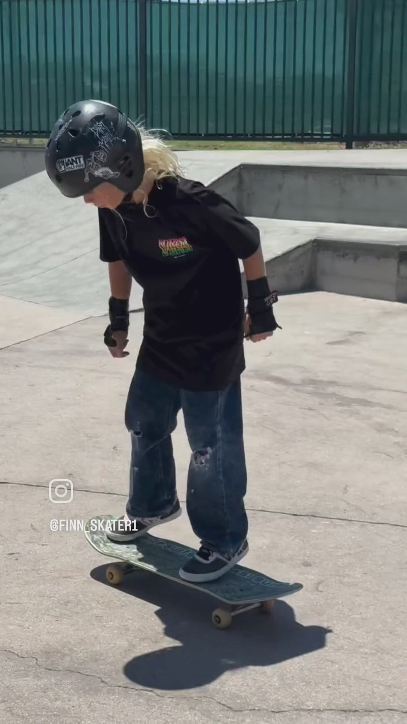 @finn_skater1 doing skate tricks in his youth black no risk no magic t-shirt