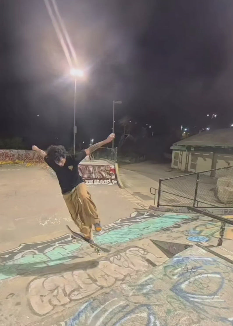 Rudy Moreno skating in a skate park in a black zdropped exotics t-shirt