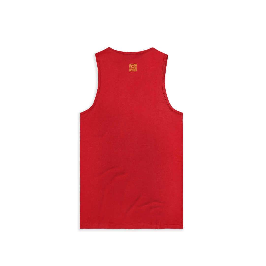 Rear view of a red tank top with a small QR code logo on the back against a white background