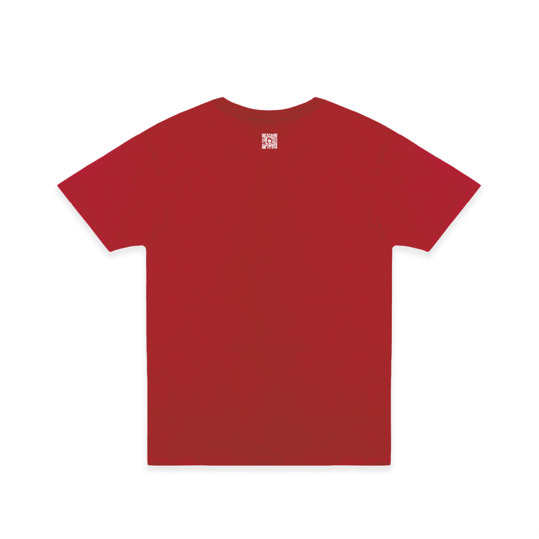 Rear view of a unisex red t-shirt with a small zdropped QR logo on a white background