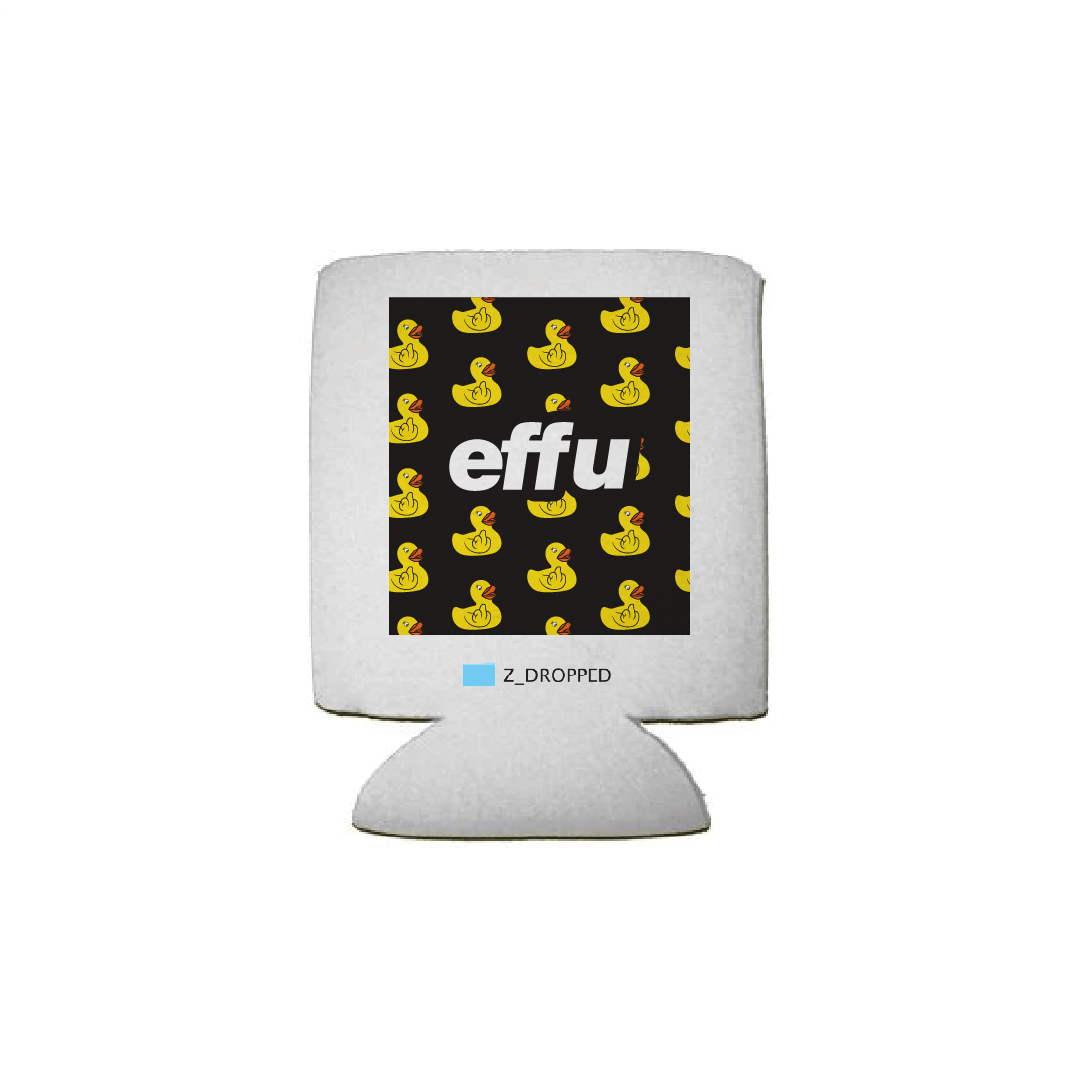 Koozie with 'effu' design featuring rubber ducks on a white background