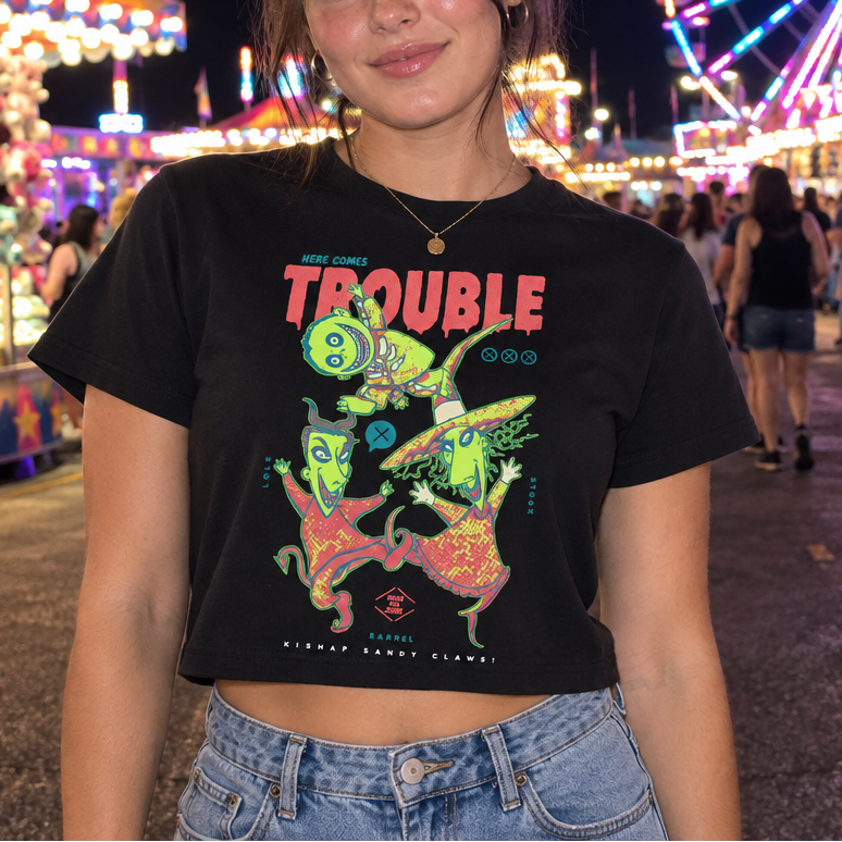 Sandy Claws black crop top on a model