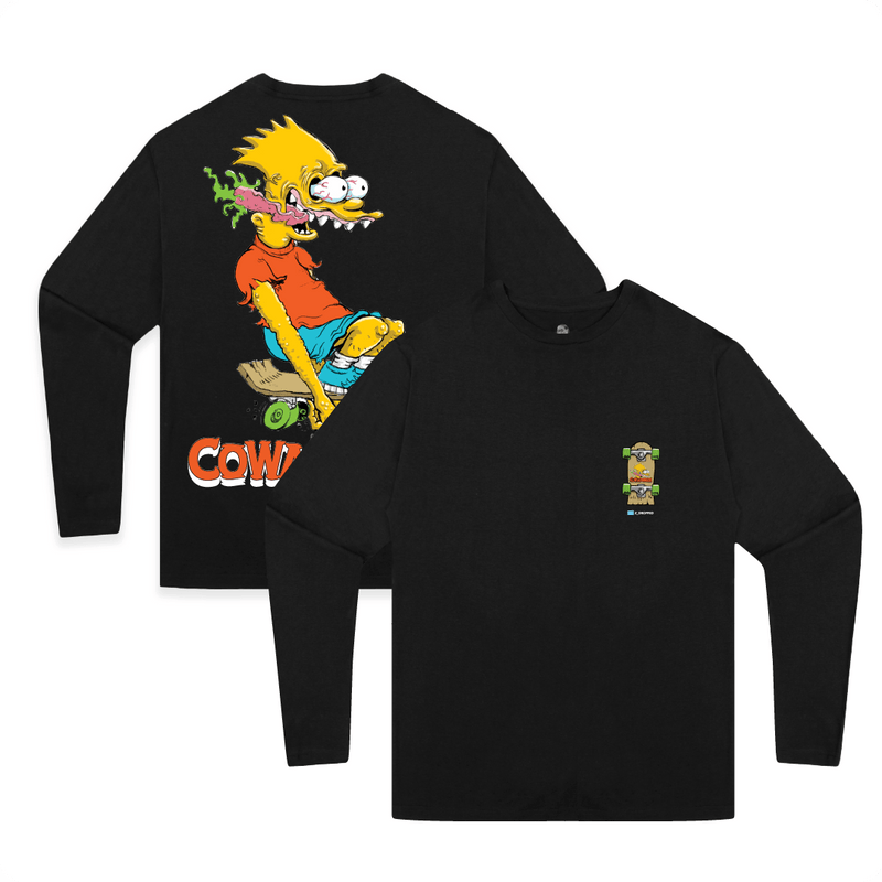 Front and back view of a black long-sleeve shirt with a yellow Bart Simpson cartoon character and orange 'Cowabunga' text with a skateboard graphic on the chest on a white background.