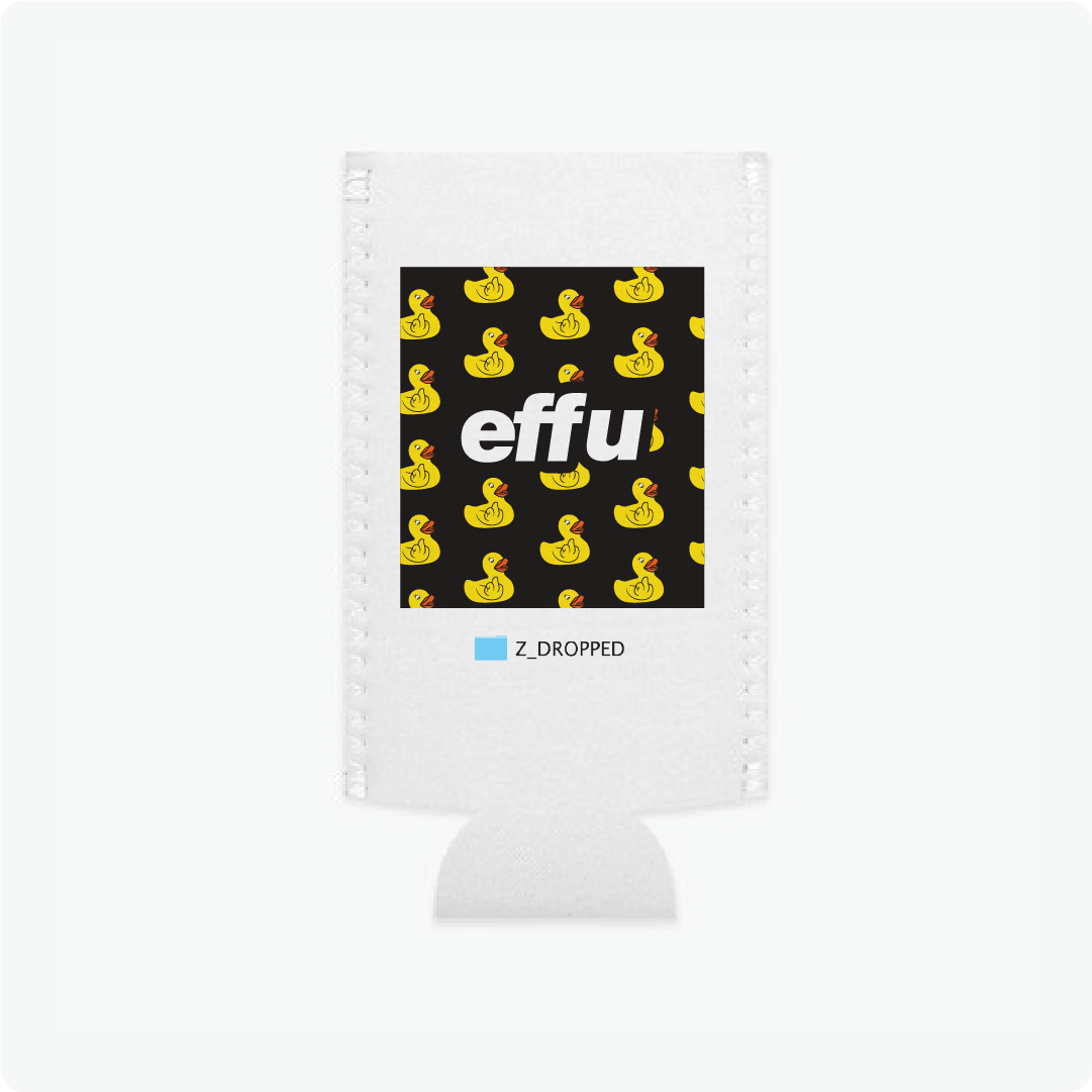 White slim can cooler with 'effu' logo and yellow rubber duck pattern on a black background