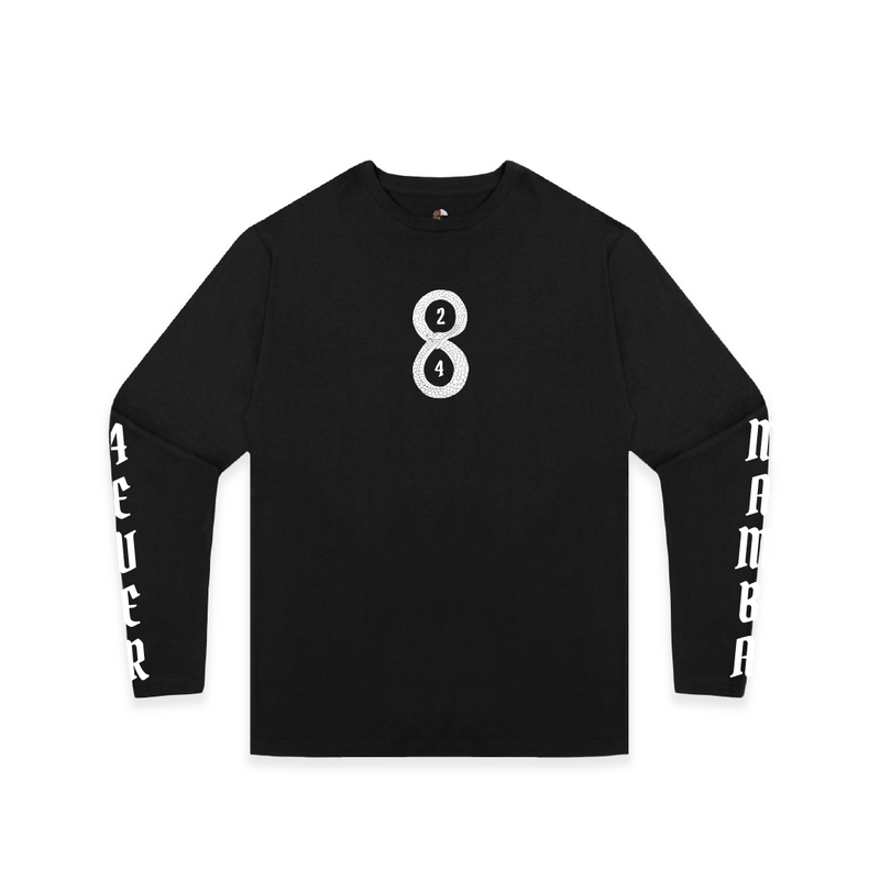 Front view of a unisex black long sleeve t-shirt with a white Black Mamba 8 and 24 on a white background front and center with white text that reads "mamba 4 ever" on the sleeves