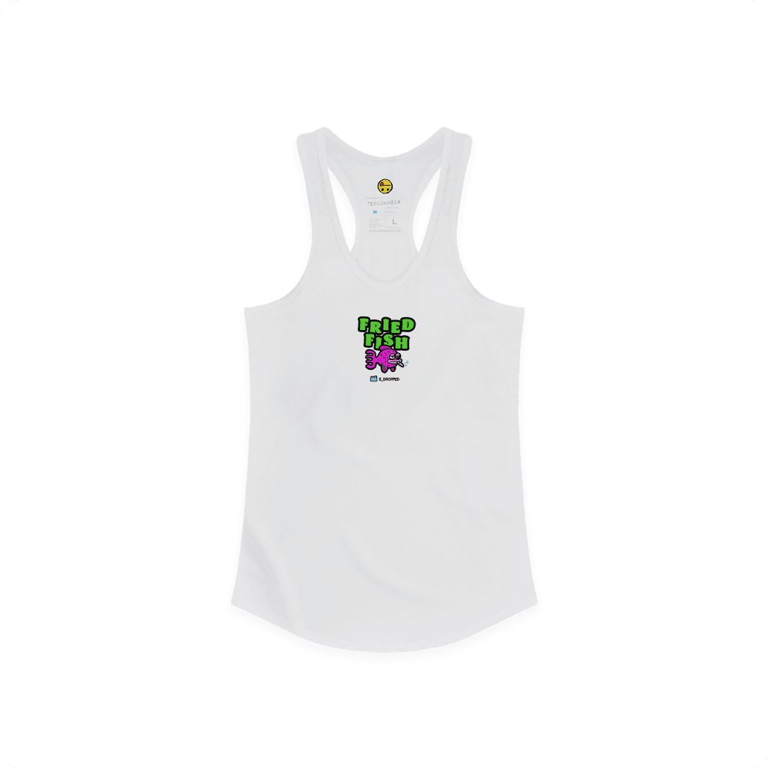 White Front view of a women’s racerback tank with a neon green bong graphic featuring a pink fish inside, surrounded by bright pink bubbles and bold text reading “FRIED FISH” on the front, on a white background.