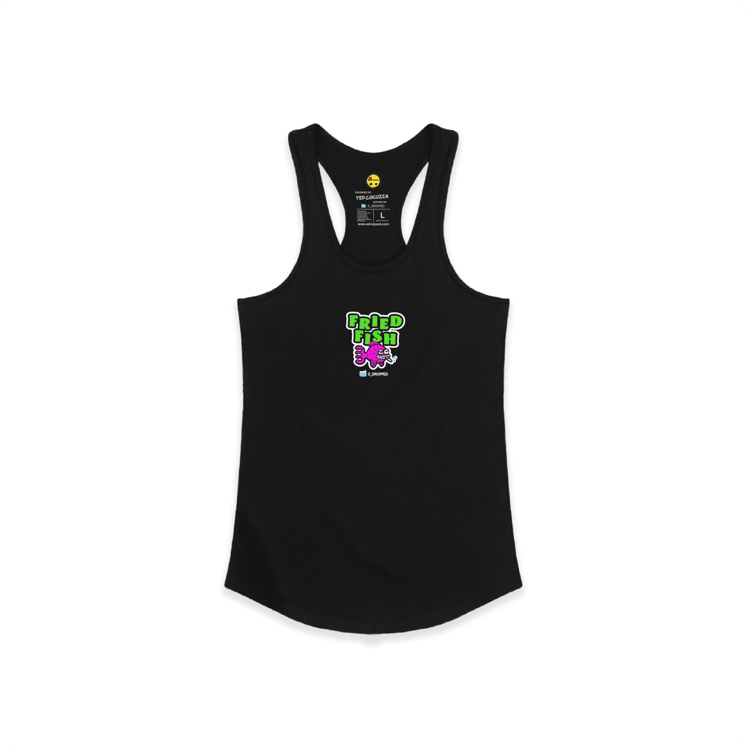 Black Front view of a women’s racerback tank with a neon green bong graphic featuring a pink fish inside, surrounded by bright pink bubbles and bold text reading “FRIED FISH” on the front, on a white background.