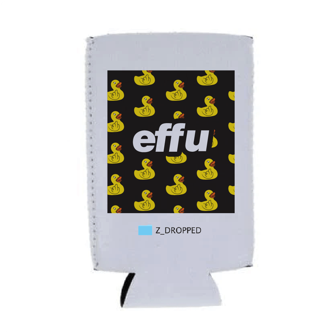 White tall can koozie with black background featuring yellow rubber ducks and 'effu' text, on a white background.